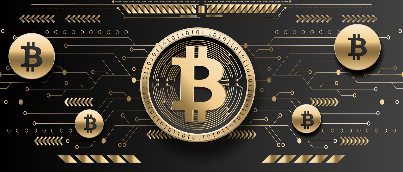 Hình vẽ đồng Bitcoin trên nền mạch điện tử.